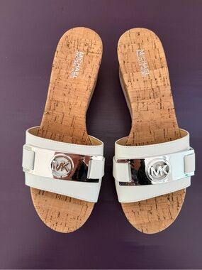 NWT Michael Kors Warren Platform Optic White Leather Cork Slide Sandals 6.5M